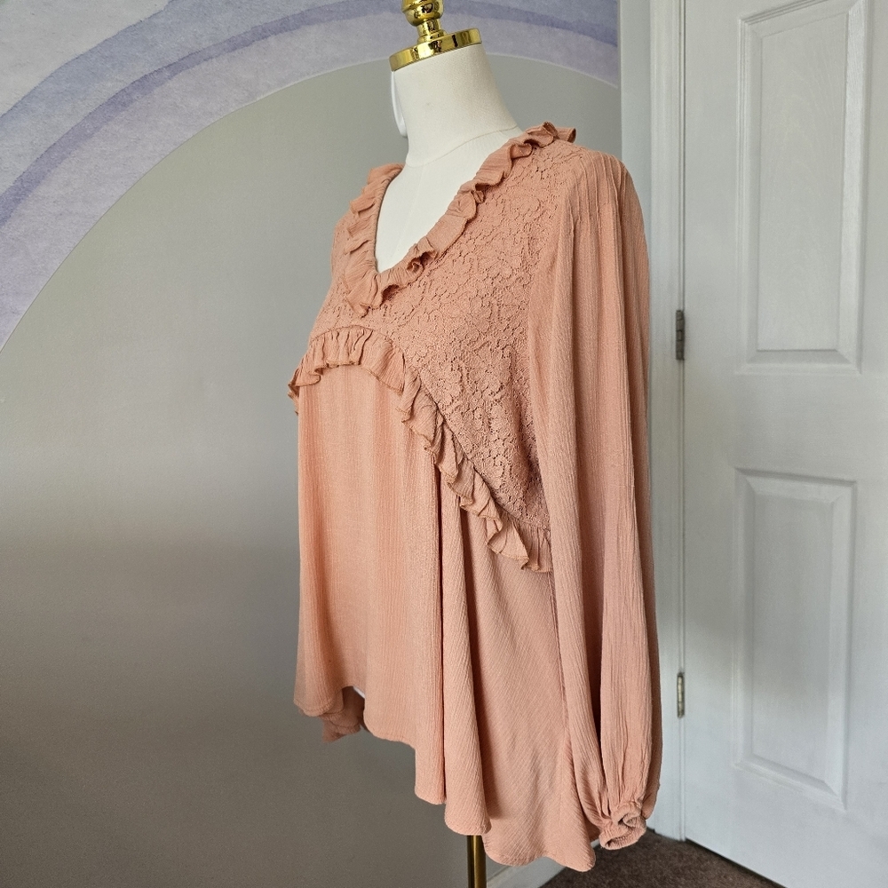 ODDY | Large | Peach Floral Lace Ruffle Babydoll Top - Picture 2 of 9
